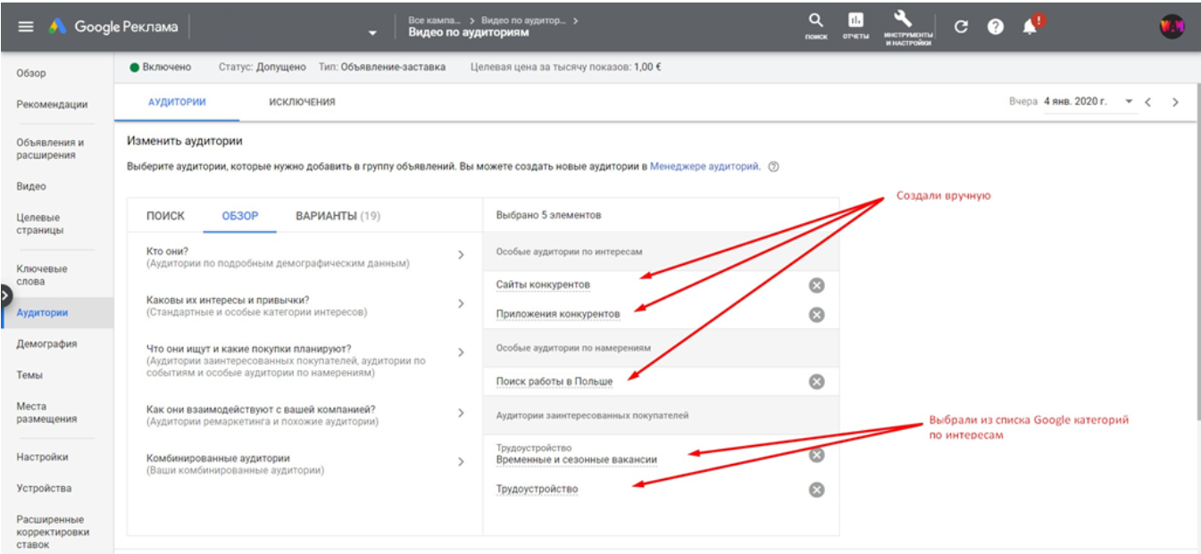 Work in Poland Google audiences created manually and chosen from the list